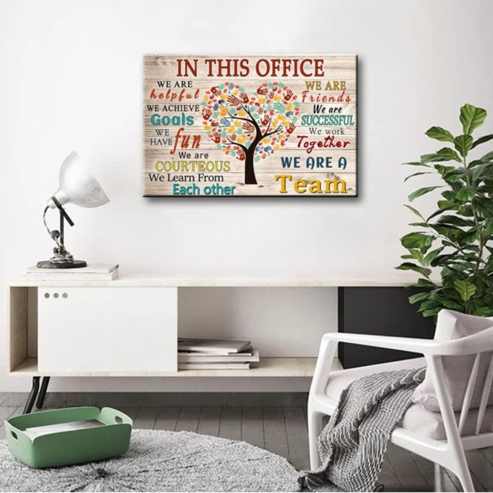 Office artwork with colorful inspirational phrases and handprints around a tree - Picture 2 of 5